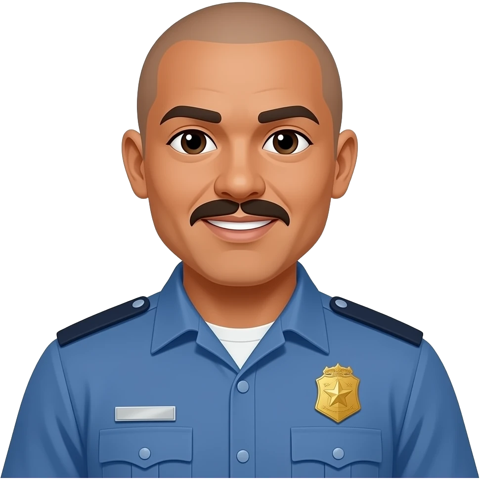 filipino male police officer blue uniform with star badge, bald, handle bar moustache, darker skin, fatter face emoji