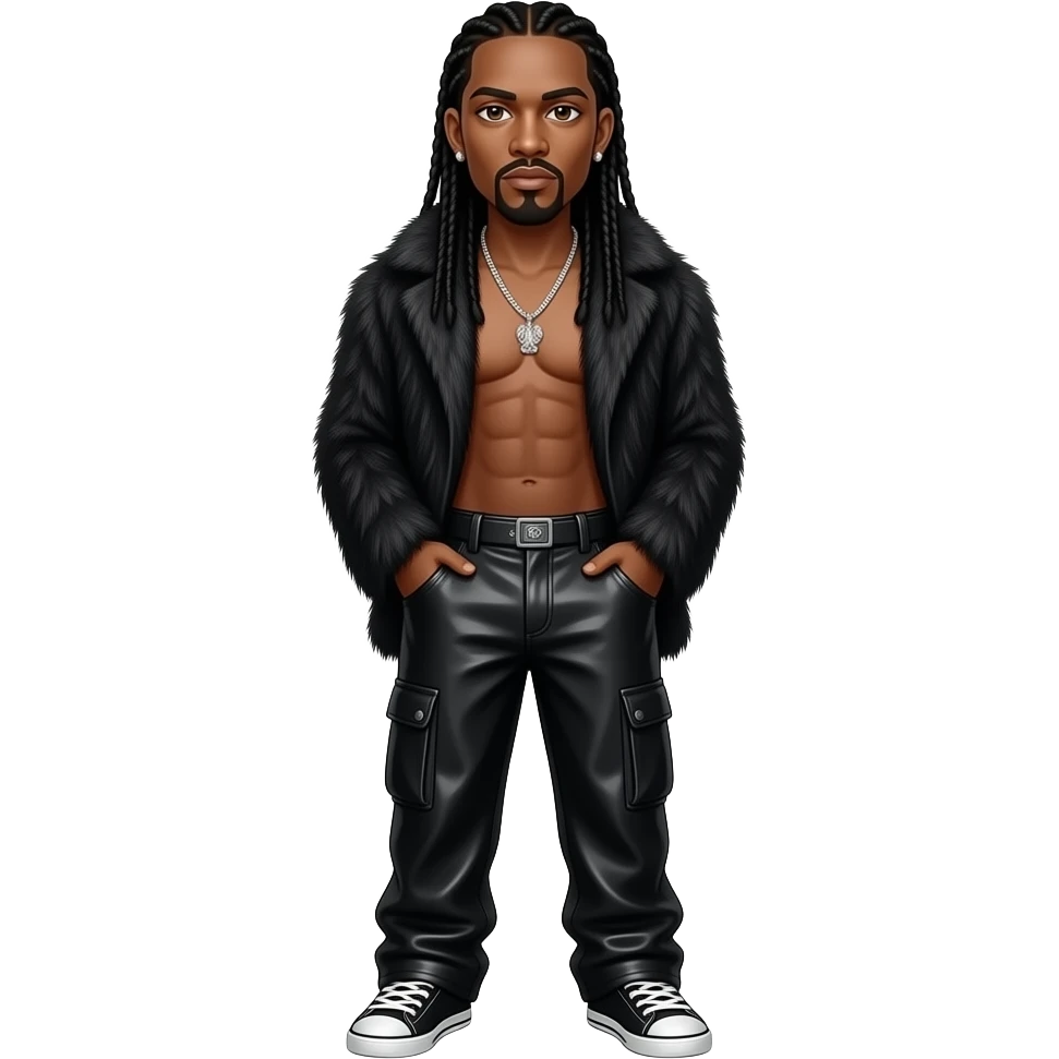 Flesh-n-Bone from Bone Thugs-N-Harmony with brown eyes, long black hair, black fur shawl, black metallic baggy pants, shirtless with necklace and earrings emoji