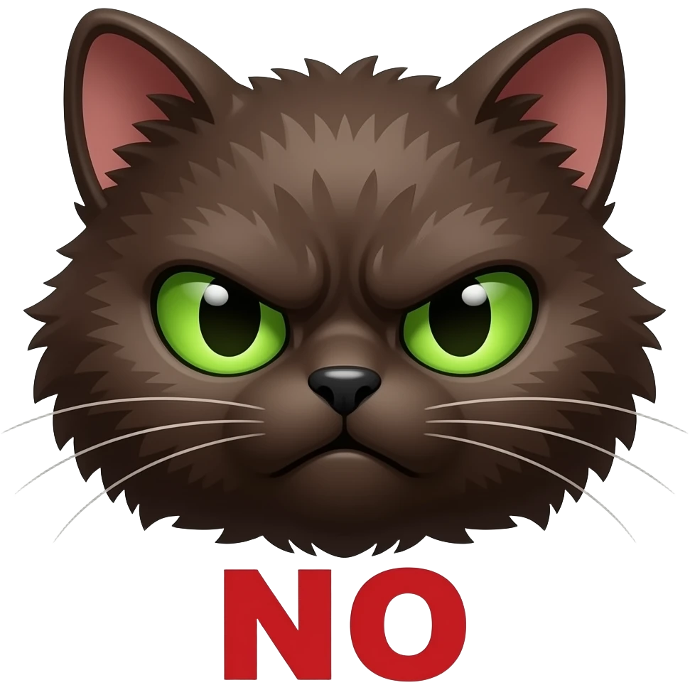 Cute grumpy dark brown scrunkly cat with green eyes saying “NO” emoji