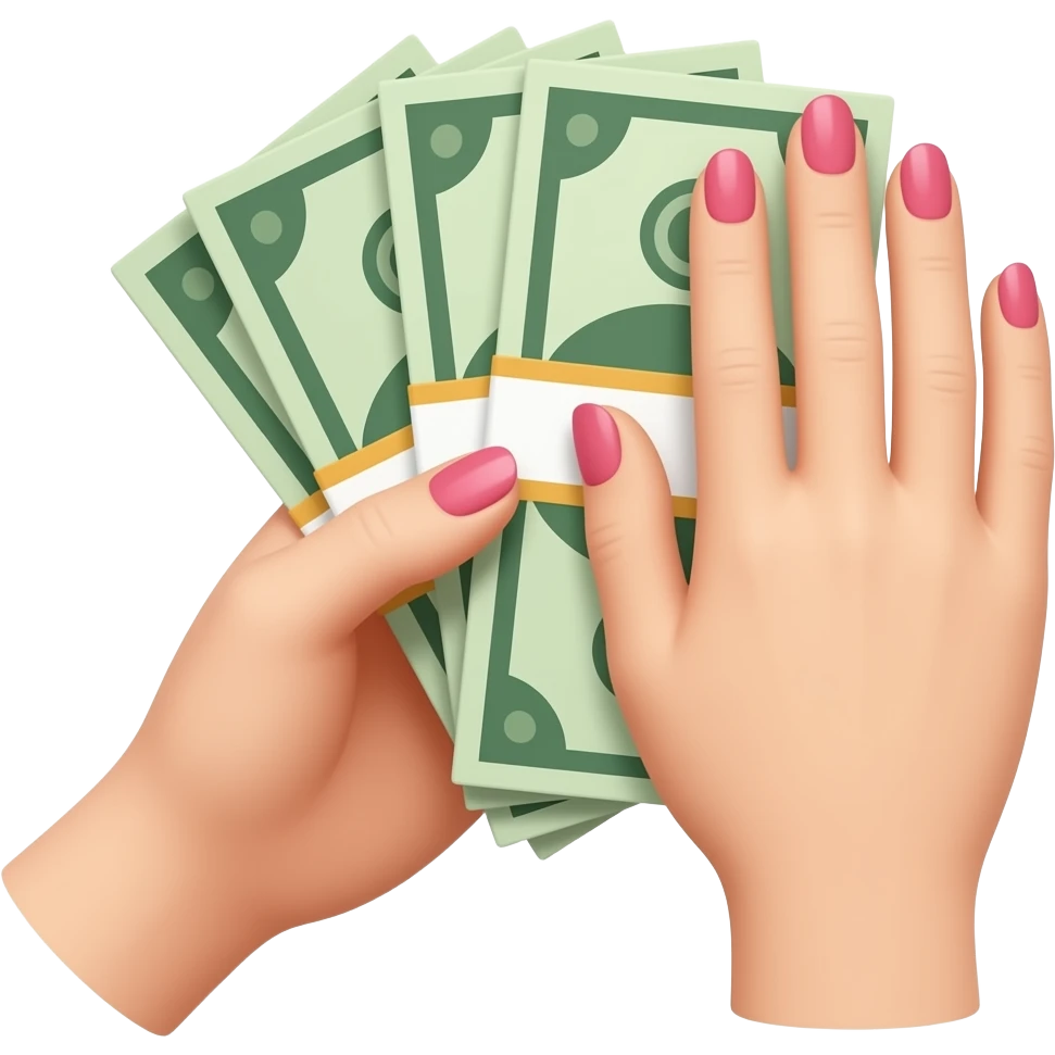 A stack of bills, a neat hand painted with rose-pink nail polish, a hand with fair skin emoji