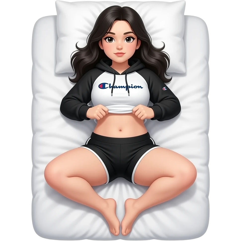 White girl with long black hair, black and white cropped champion hoodie with black arm sleeves, black high shorts, and a bit of a chubby body lifting her shirt to show her belly laying down on on the pillow to bed and showing feet emoji