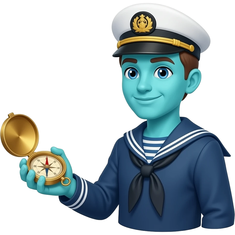 Chibi turquoise-skinned sky sailor, uniform of condensed blue wind, holding a compass that tracks tornado paths. emoji