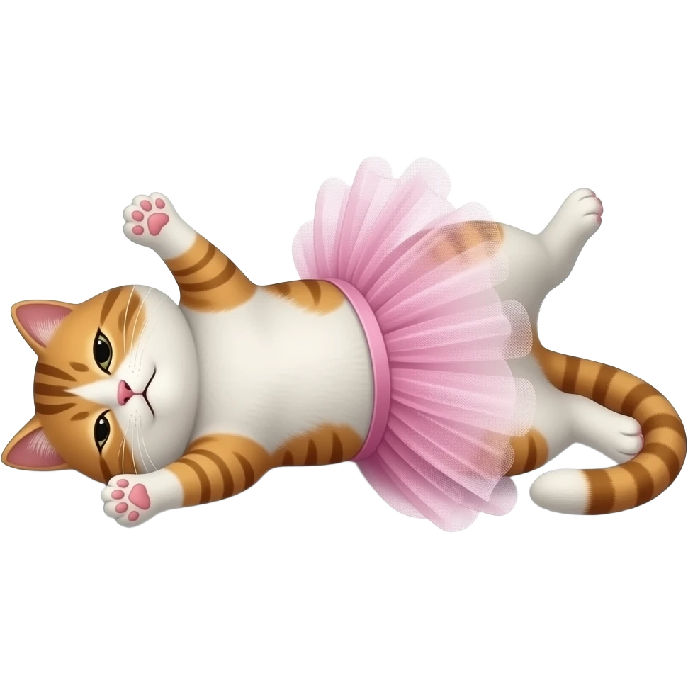 cat in a tutu lying ontheir back on  the floor with paws in the air as if they are tired emoji