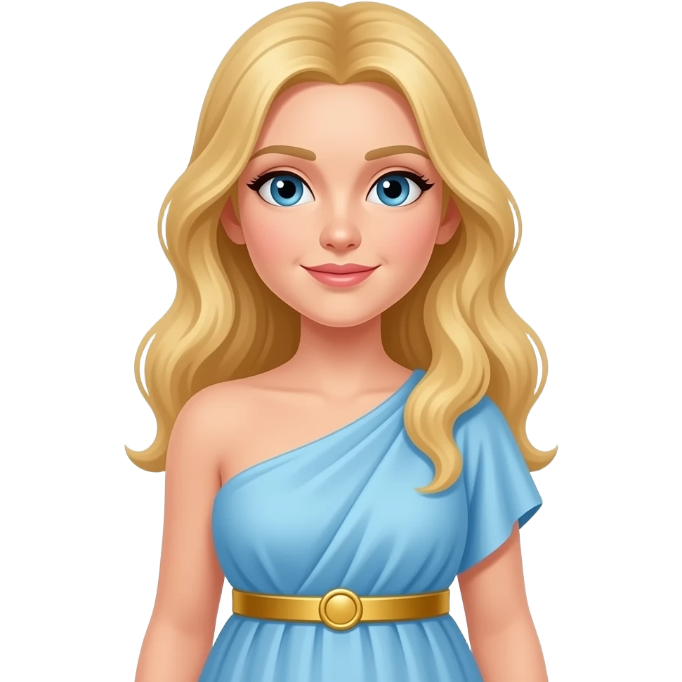 Greek godess with blonde hair, light blue dress that covers both shoulders and golden obi belt emoji