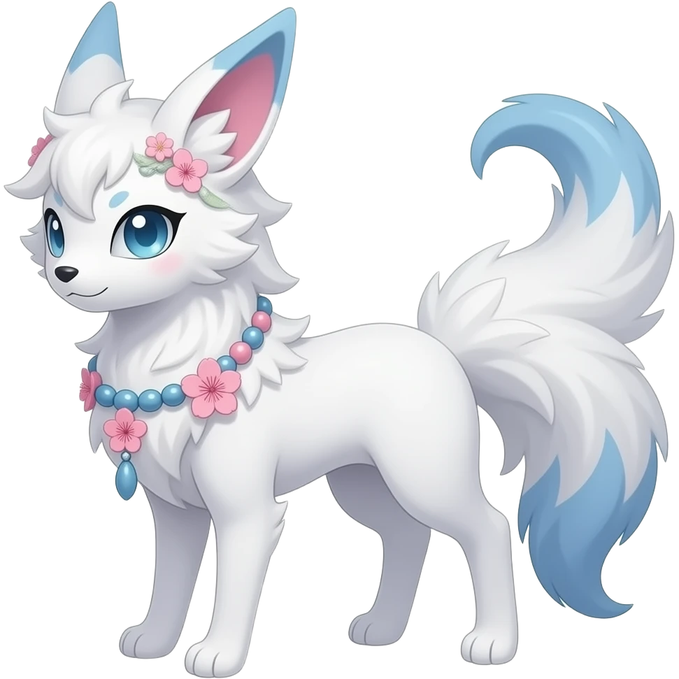 White kawaii realistic sakura floral Fuzzy slim oriental feathery long-haired beaded mane cozy rosy aesthetic feathery Rosy beautiful Sylveon-Furret-Fennekin-Minccino-Espeon-Fakémon-hybrid emoji