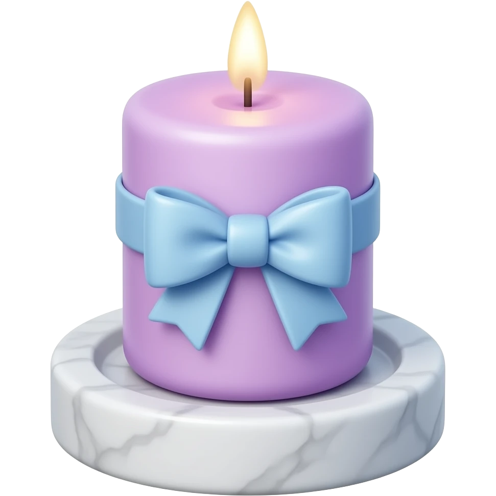 glossy soft smooth  short neat petite cute slim dainty narrow Pastel violet vintage candle on a white marble-candle-holder-stand, bow tie, light-blue, pink, white, pastel purple emoji