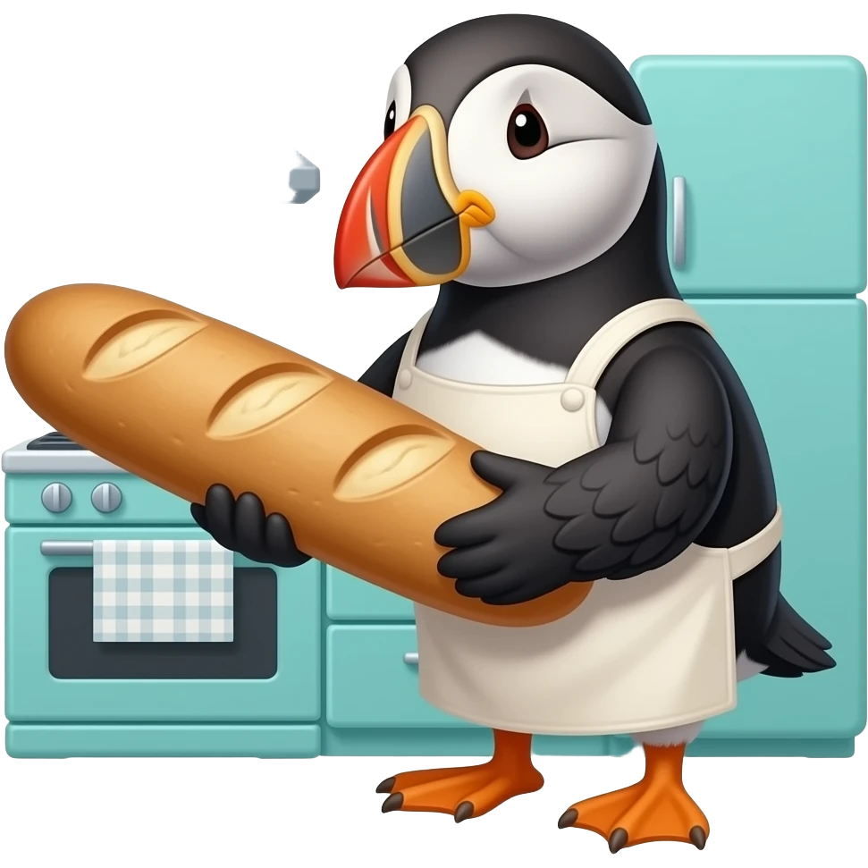 Puffin emoji baking sourdough bread in a kitchen with teal appliances emoji
