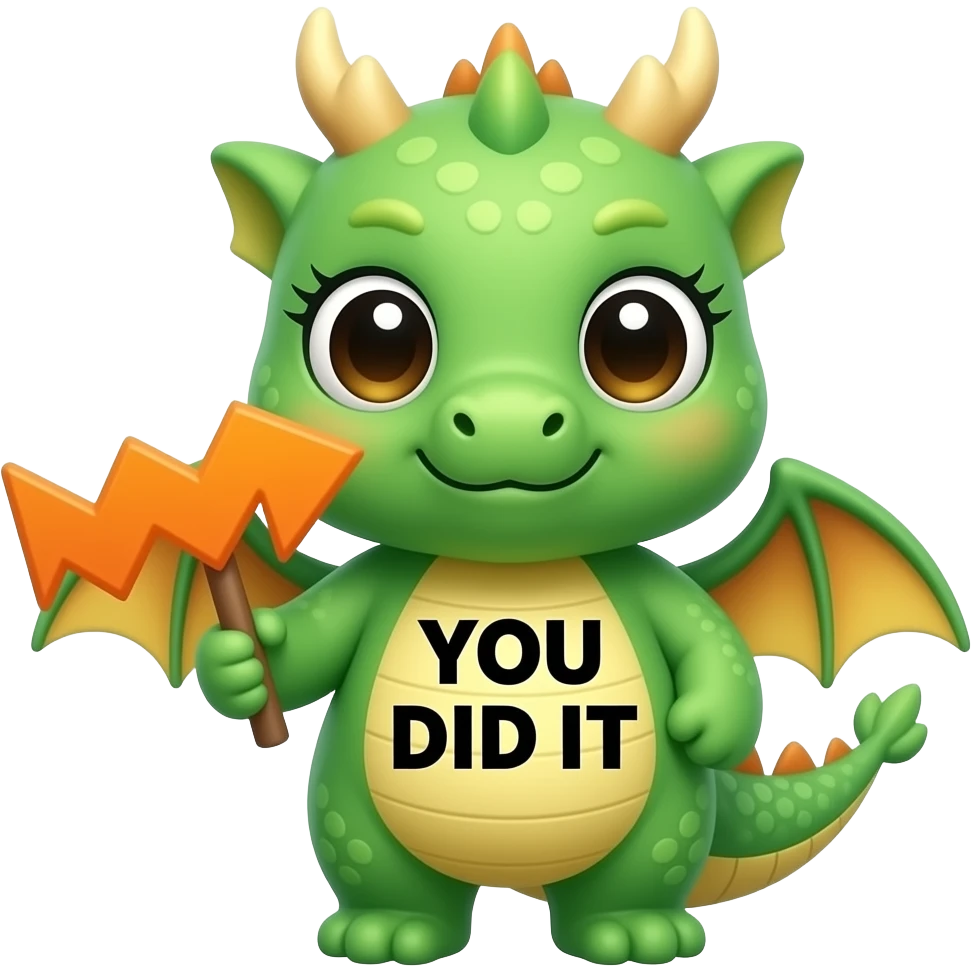 Create a super cute stuffed kawaii green and yellow gradient Animal which Looks Like a Dragon with big eyes and long eyelashes holding a orange zig zag sign with in front of its chest that says in bold black font "YOU DID IT" emoji