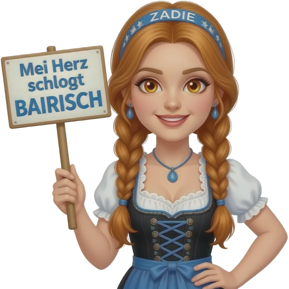 sexy girl with overlong ginger braids and ginger eyes wearing a black blue dirndl and a blue headband with ZADIE written on it, is holding a sign with Mei Herz schlogt BAIRISCH written on it emoji
