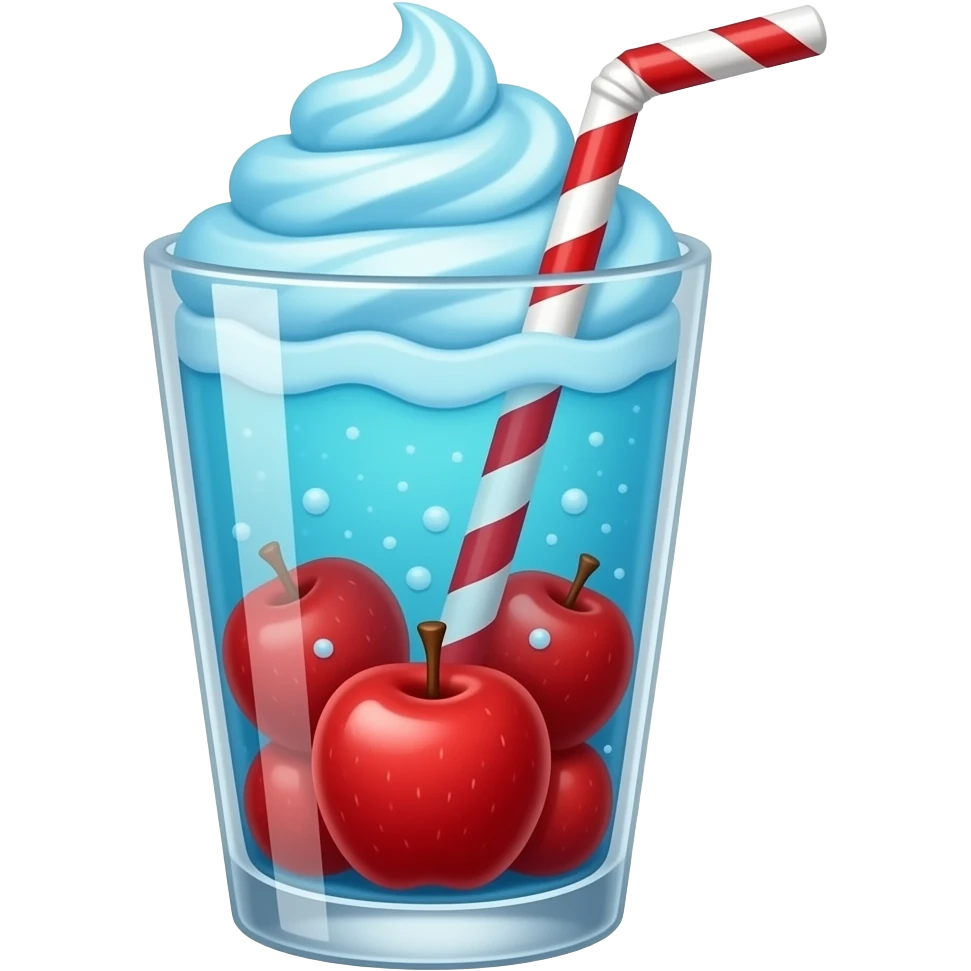 cute red apple cream soda, clear glass cup, bright red apple pieces filling the bottom, sky blue soda layer, sky blue whipped cream swirl on top, glossy 3d emoji style, no background, no text emoji