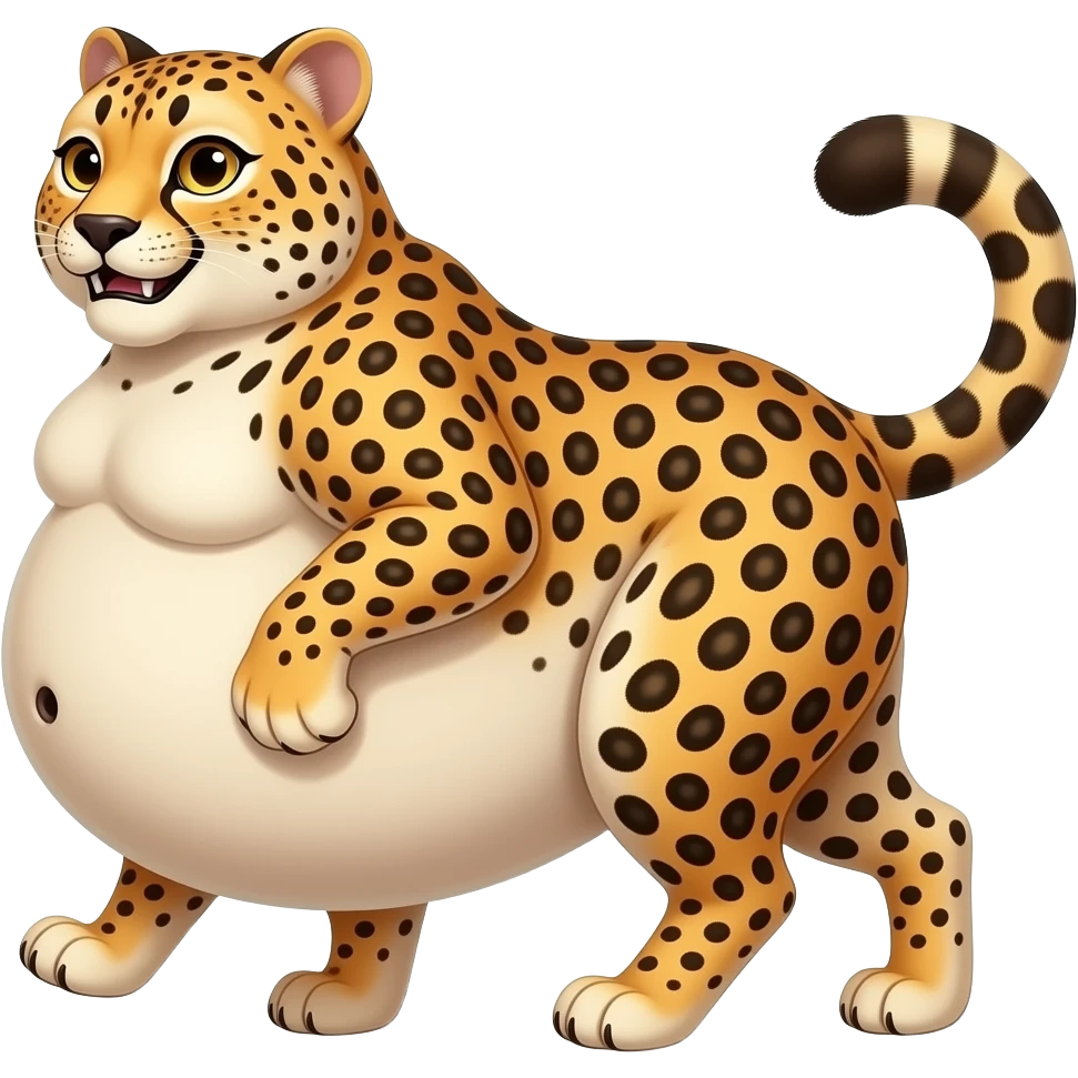 A strolling fat pot-belly cheetah,while being cheeky with her twerking butt,Her giant bulging sleek tummy is forever swinging & swaying sideways,she is so full that she wobbles,her Bellybutton waddles,that cheetah ate way too much. emoji