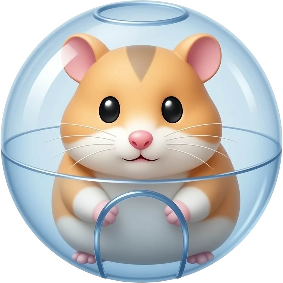 Create a cute 3D emoji icon of a transparent hamster exercise ball with small air holes and a round door. No hamster, no animal, no character. Glossy clear plastic, soft highlights, centered on transparent background, no text. emoji