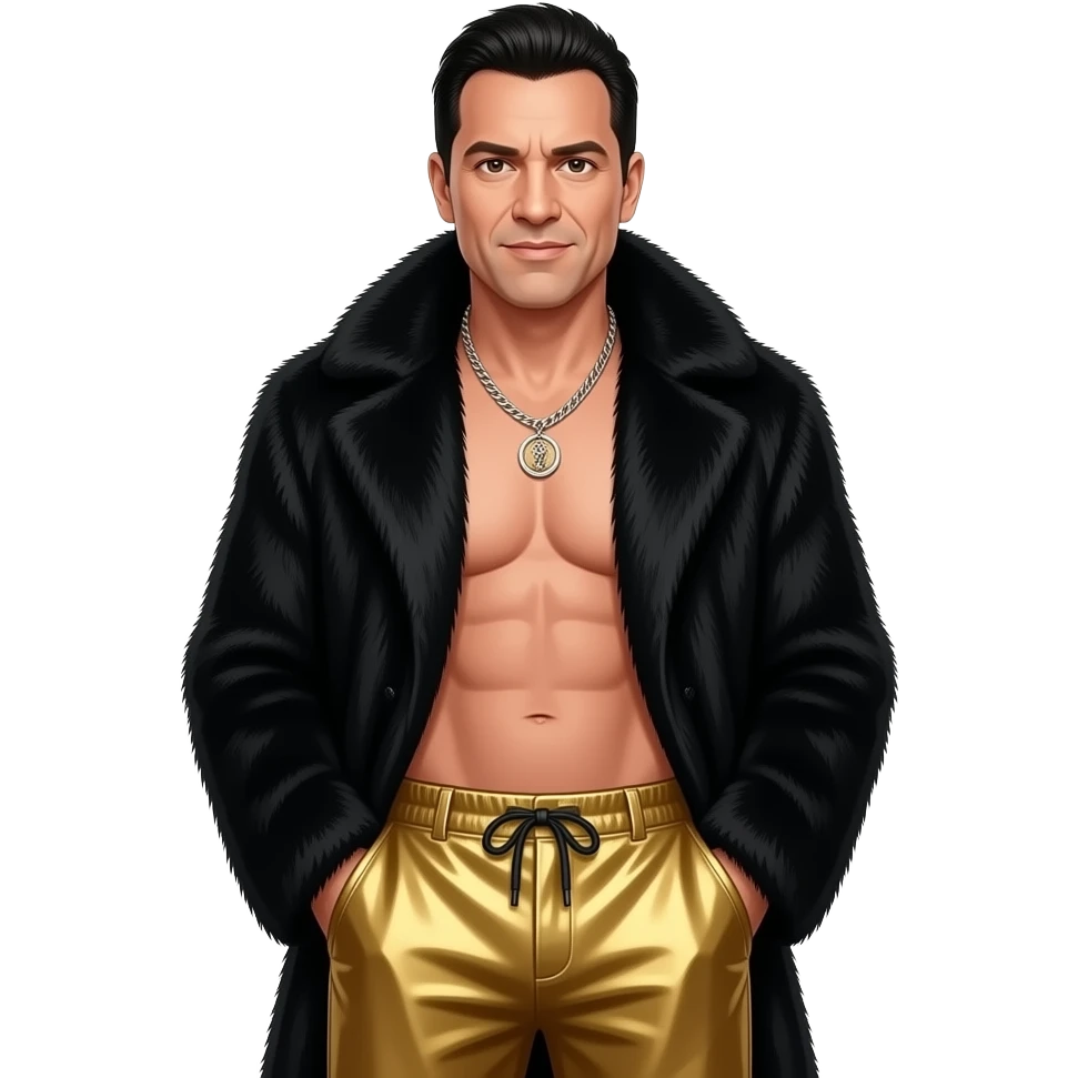 Steve-O with brown eyes, black hair, black fur coat, gold metallic baggy pants, shirtless with necklace emoji