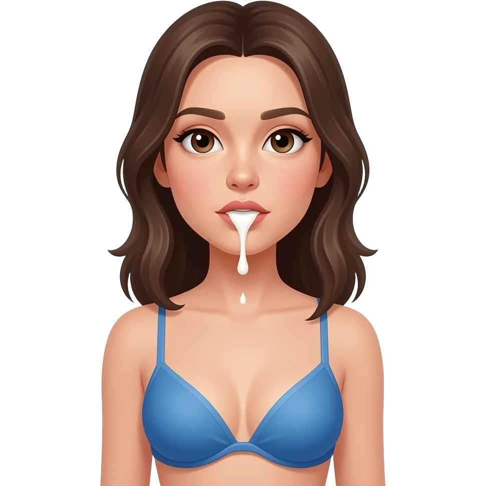 فتاة ترتدي حمالة زرقاء ويخرج من فمها حليب وبشره بيضاء وعلى وجهها حلبب emoji
