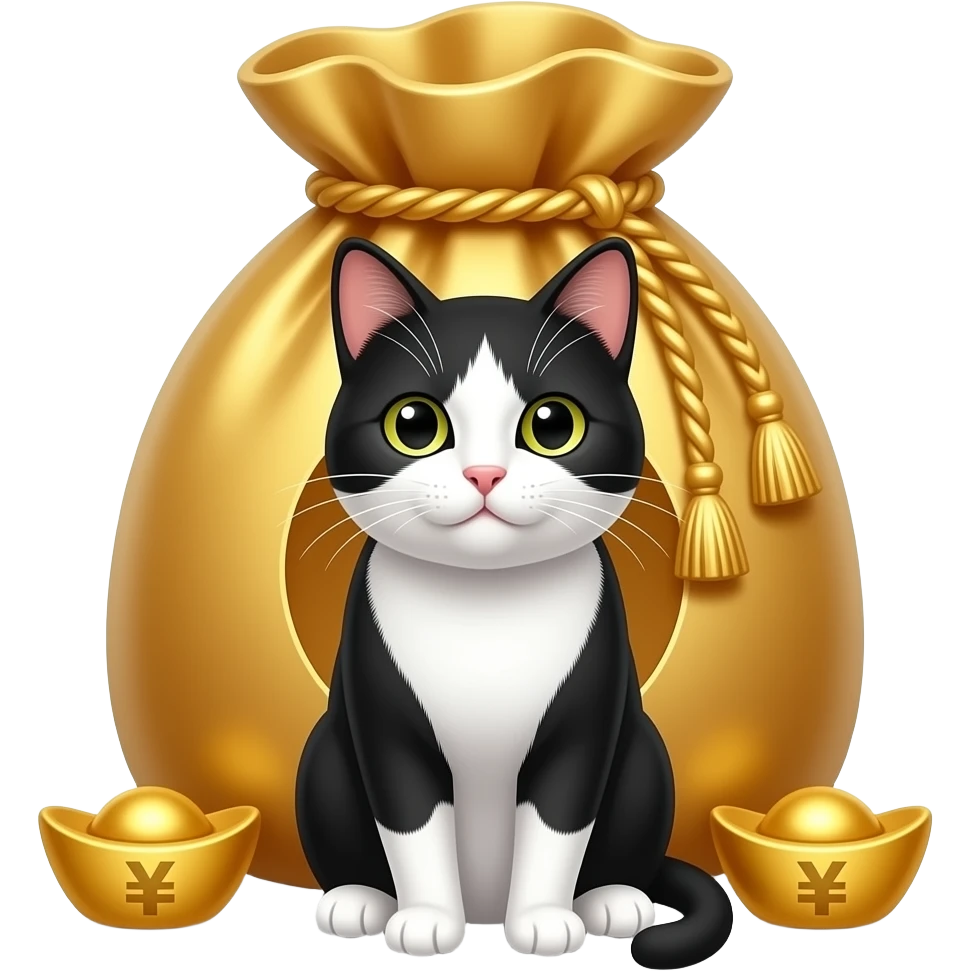 坐著的黑白貓 前 "招財元寶" emoji