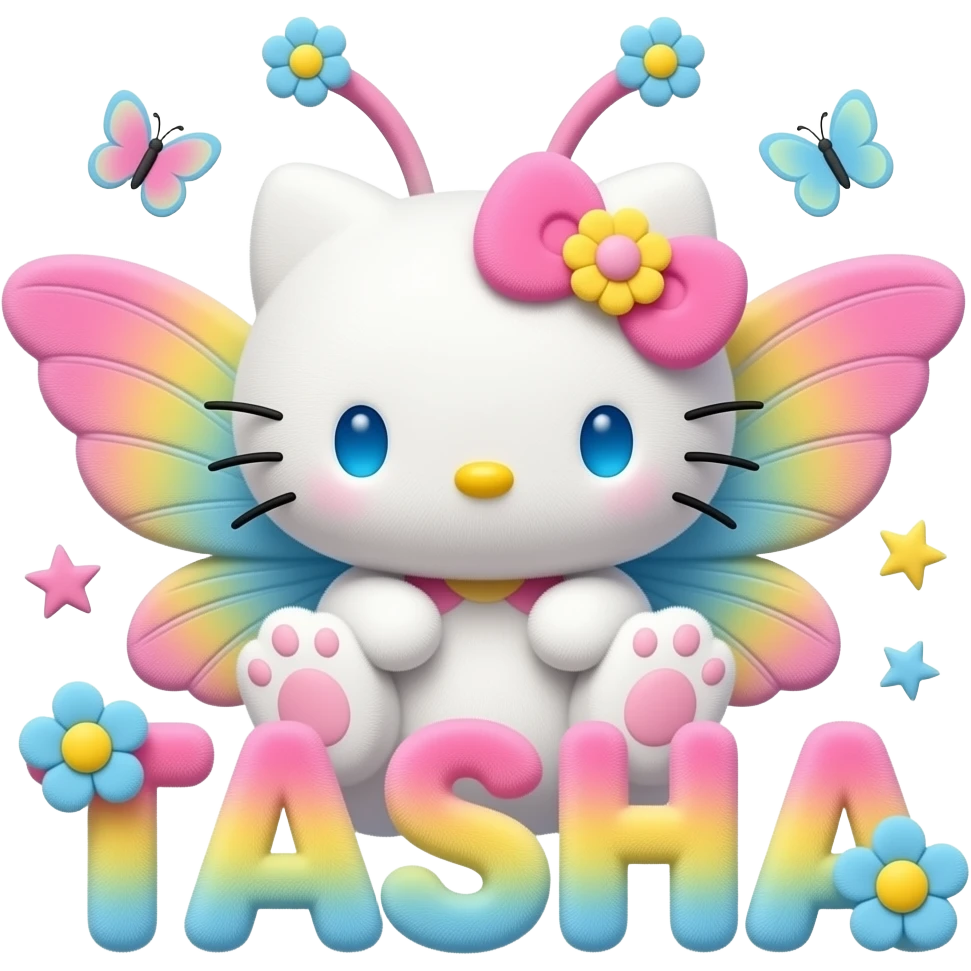 White velvety fur 3D hello kitty head, pink yellow blue ombre 3D flower ...