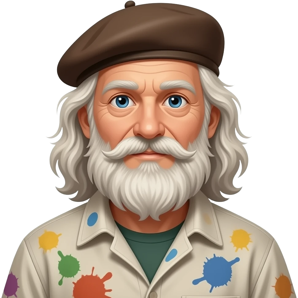 long hair old artist with beret paint-splattered smock emoji