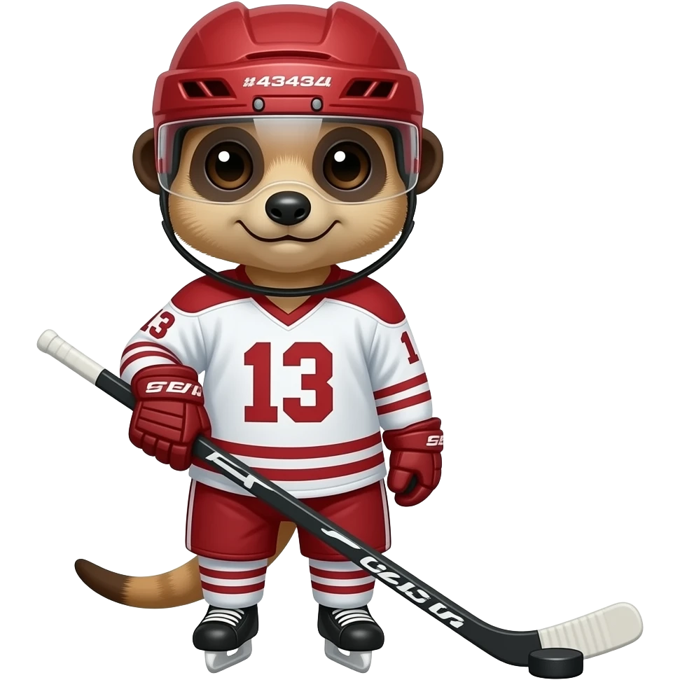 Create a meerkat in Latvian hockey gear, portrait with puck in hand (#A4343A red and white)   (wearing number 13) emoji