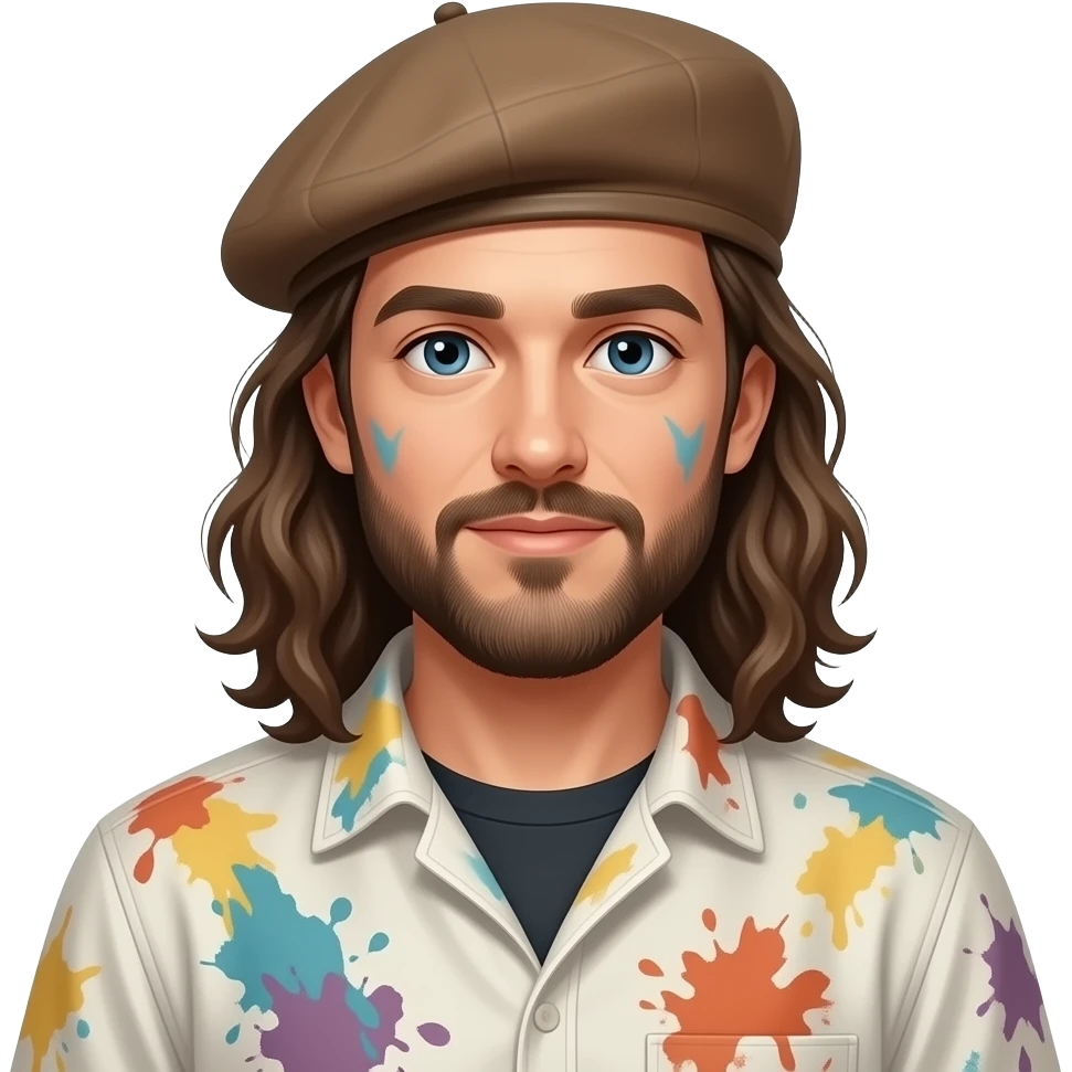 long hair male artist with beret paint-splattered smock emoji