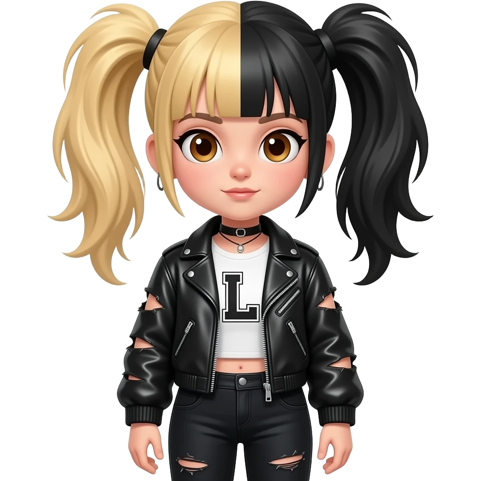Punk girl with half blonde half black hair in pigtails with a letter L patch on jacket and brown eyes emoji