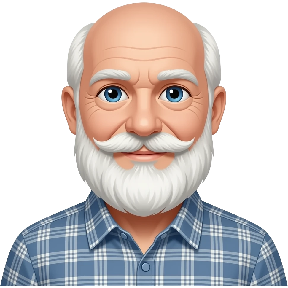 Half body emoji of an old man, white balding hair, pretty long white beard and mustache, blue eyes, in a plaid shirt, smirking emoji