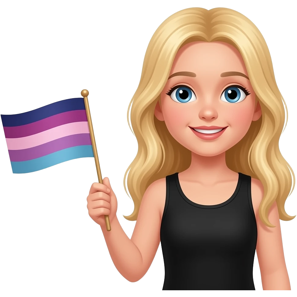 ten year old with long light yellow hair and a black tanktop holding a bisexual flag and saying "I'm proud to be LGBTQ but won't tell my parents!!" emoji