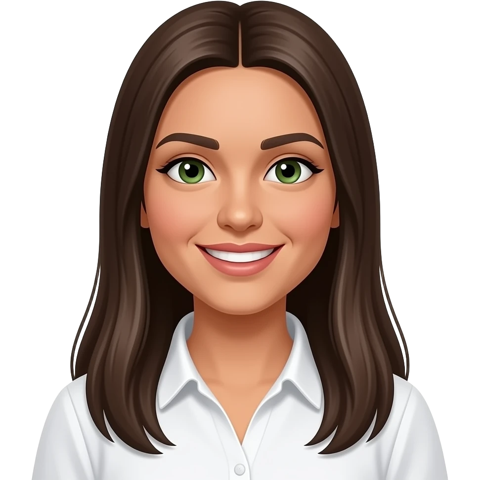 long brown  middle part straight haired tan girl with green eyes and big lips small button nose, smiles and has a round face and is a latina, from her chest up with a simplewhite blouse, has very straight eyebrows and emoji