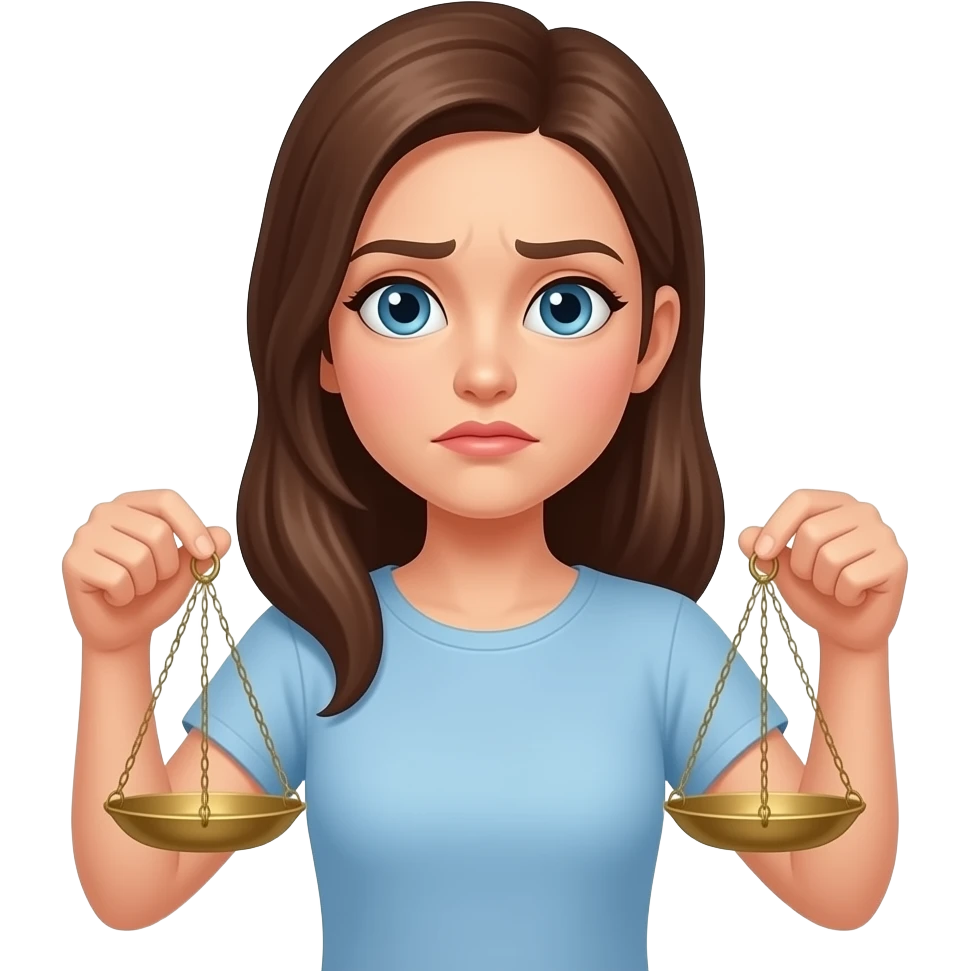 저울을 양손으로 들면서 모호한 표정으로 심판하는 젊은 여자 emoji