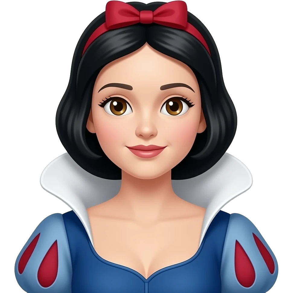 Snow White with soft doll face feature and a long straight hair, and showing half body with cleavage emoji