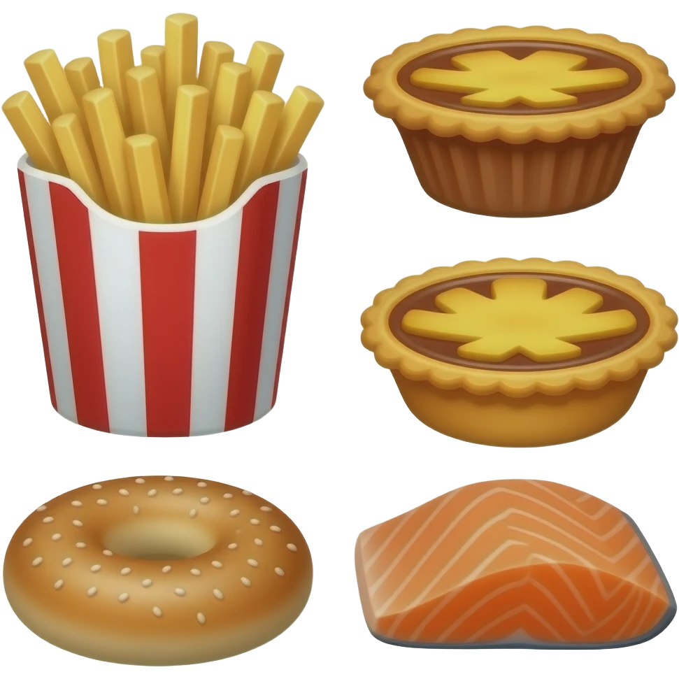 Iconic staples include poutine (Quebec), maple syrup, butter tarts, Montreal-style bagels, and salmon emoji