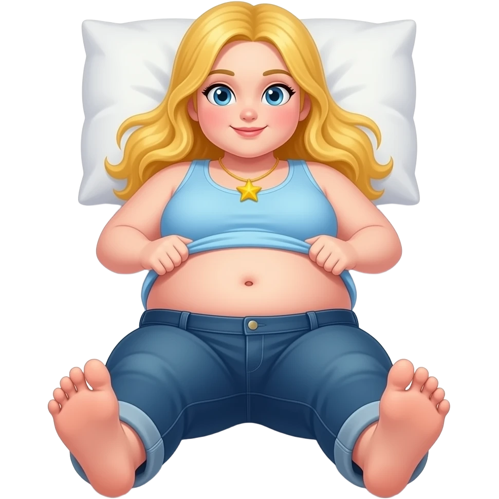 Chubby white girl blue eyes yellow long hair light blue tank top yellow star necklace dark blue plain jeans showing her feet lifting her tank top up to show chubby belly button laying down on her pillow in bed to show feet emoji