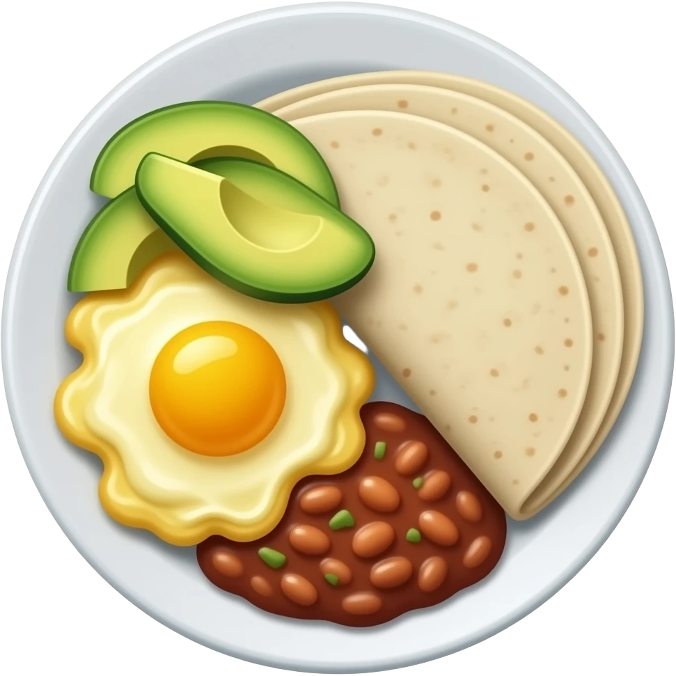 Breakfast platter on a plate with scrambled eggs, refried beans, sliced avocado, and two tortillas emoji