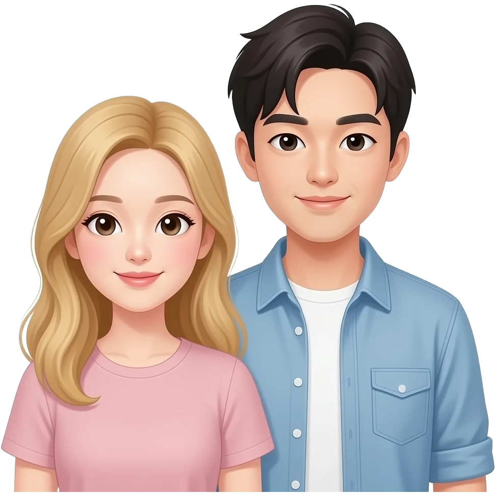 한국인이고 금발 머리색의 20대 여성과 한국인이고 흑발 머리색의 20대 남성이 커플 emoji