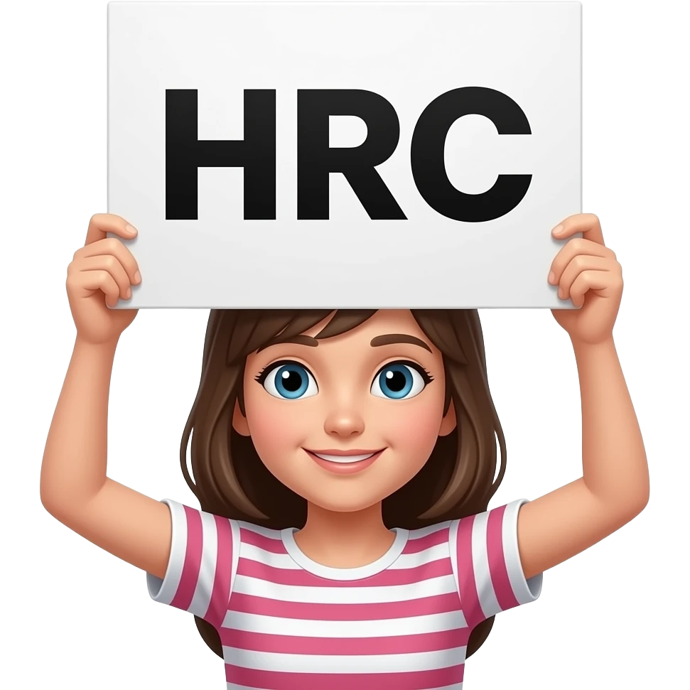 여자 어린 아이가 팻말을 머리 위로 들고 있고 팻말에는 HRC가 적혀있다 emoji