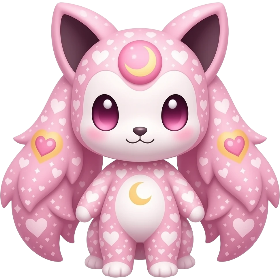 Fuzzy cozy aesthetic Rosy beautiful gorgeous pretty Petite shiny glossy sparkly romantic pastel damask Absol-Sylveon-Amaura-Aurorus-Espeon-Fakemon-hybrid with heart and moon patterns emoji