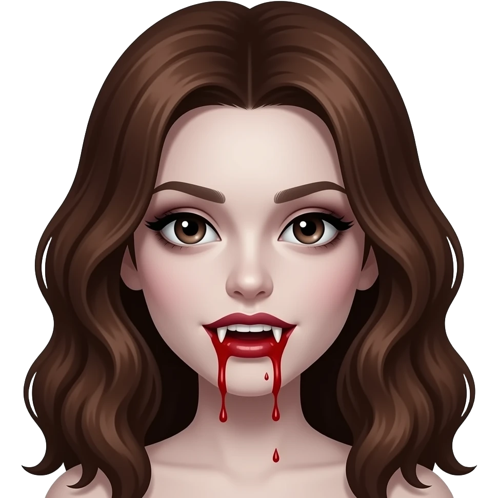 A vampire girl with wavy brown hair, fangs, and blood dripping from her mouth, a somewhat dark appearance with pale skin and not very pronounced dark circles under her eyes, in the style of iOS 16. emoji