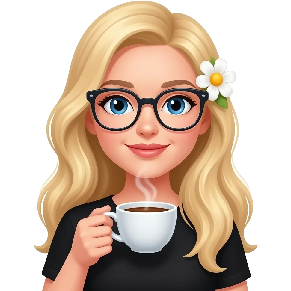 white woman, long blonde hair, blue eyes, glasses, coffee, black clothes, flower over right ear emoji