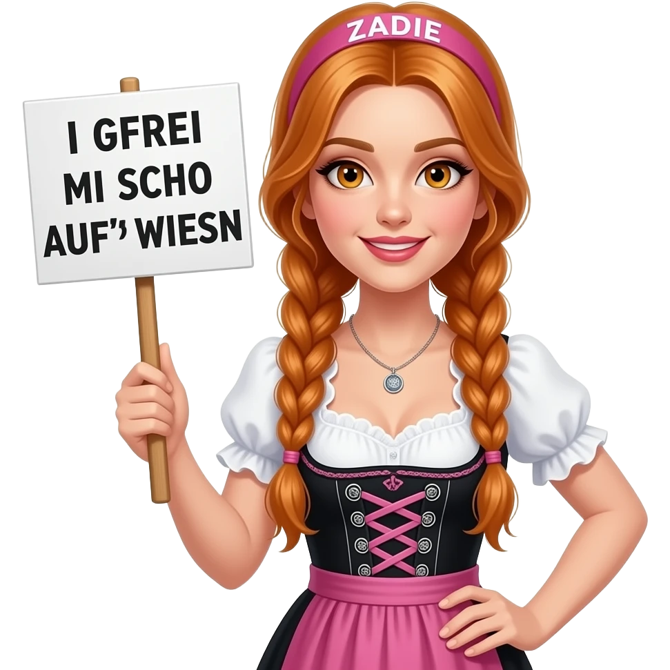 sexy girl with overlong ginger braids and ginger eyes wearing a black pink dirndl and a pink headband with ZADIE written on it, is holding a sign with I GFREI MI SCHO AUF'D WIES'N written on it emoji