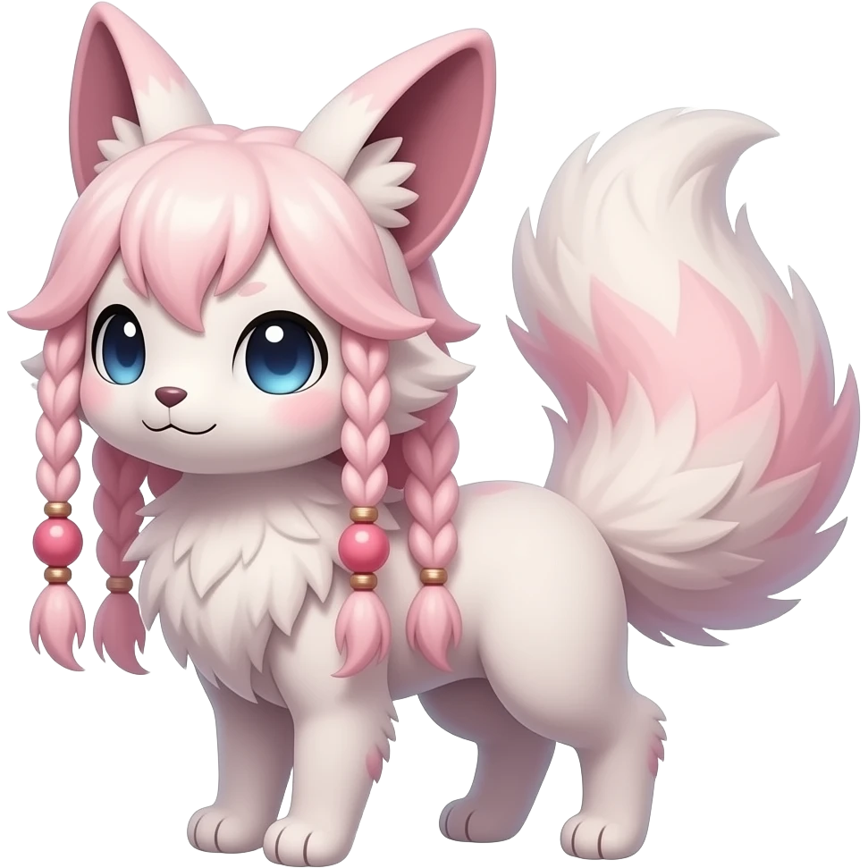 Fuzzy slim oriental feathery long-haired beaded mane cozy rosy aesthetic feathery Rosy beautiful Sylveon-Furret-Minccino-Espeon-Fakémon-hybrid emoji