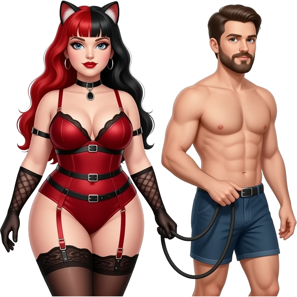 Dominatrix wearing a darkred bdsm style harness lingerie. White skin, chubby, dark Make the girl have long red and black hair and male partner in boxers getting walked on a leash with goatee facial hair emoji