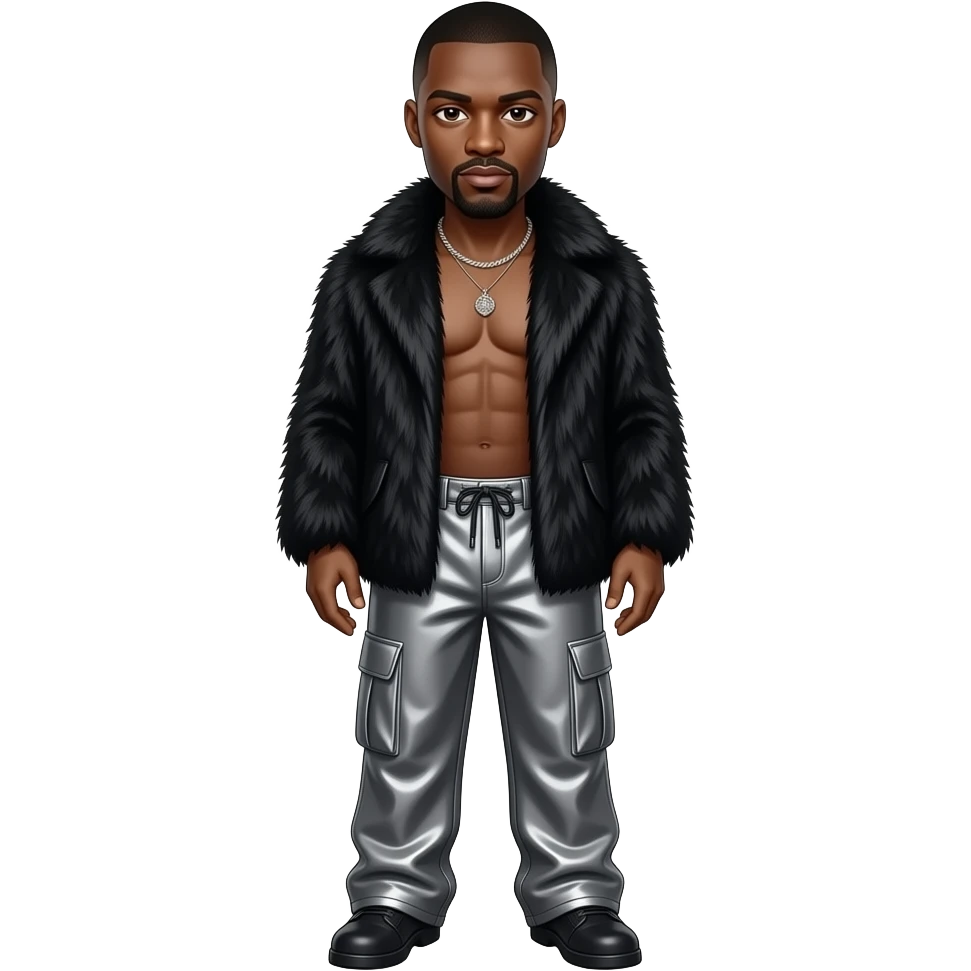 Idris Elba with dark brown eyes, black buzz cut hair, black fur shawl, charcoal gray metallic baggy pants, shirtless with necklace emoji