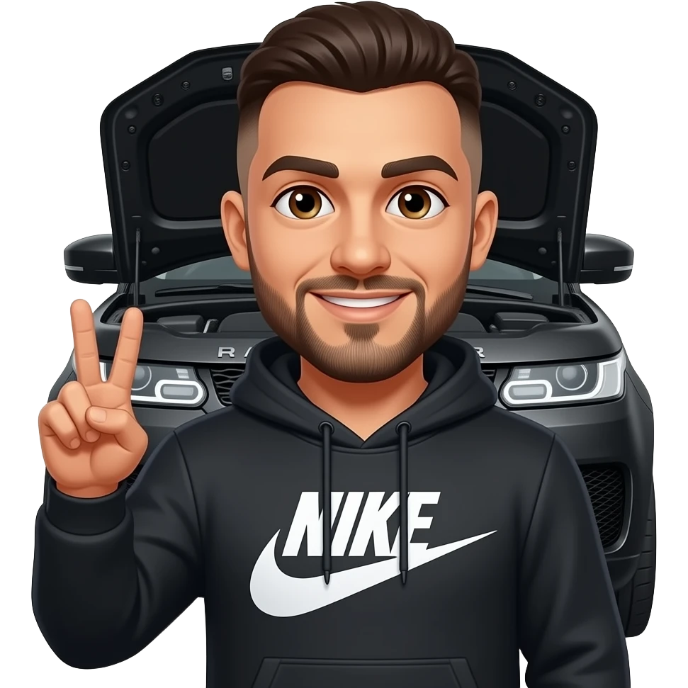 Black Range Rover svr hood open with driver holding peace sign and smiling with Albanian guy with prison haircut and Nike tech hoodie emoji