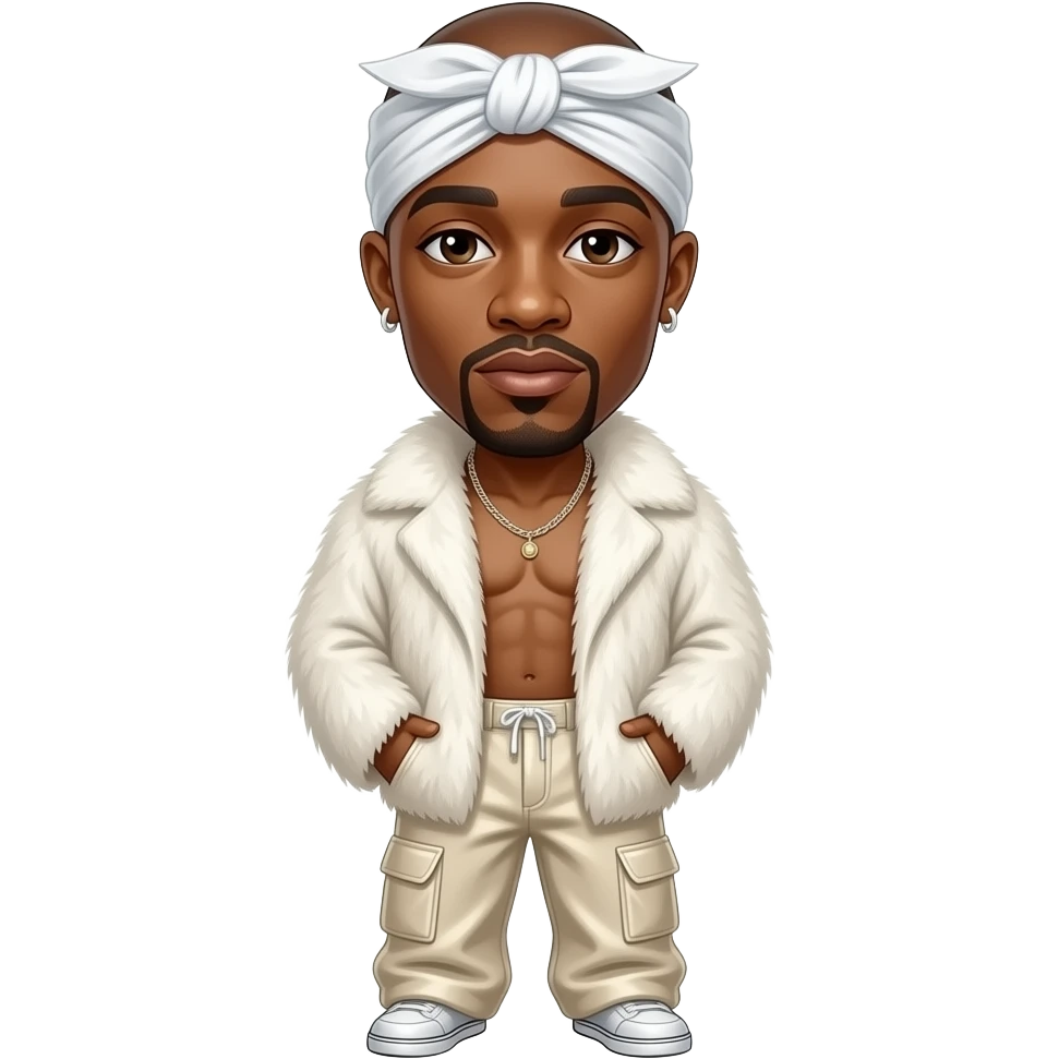 Tupac with brown eyes, bald head, white headscarf, white fur shawl, ivory metallic baggy pants, shirtless with necklace and earrings emoji