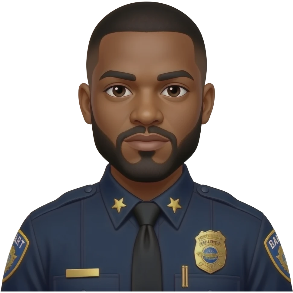 medium complexation black officer with beard and mustache and low tapper haircut and BART police uniform with gold badge, no star on collar emoji