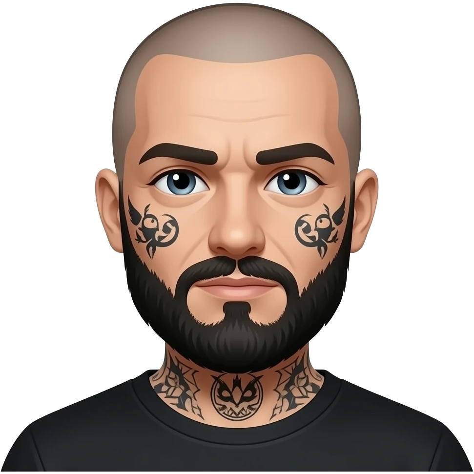Biker bald with black beard and more head and more facetattoos all over emoji