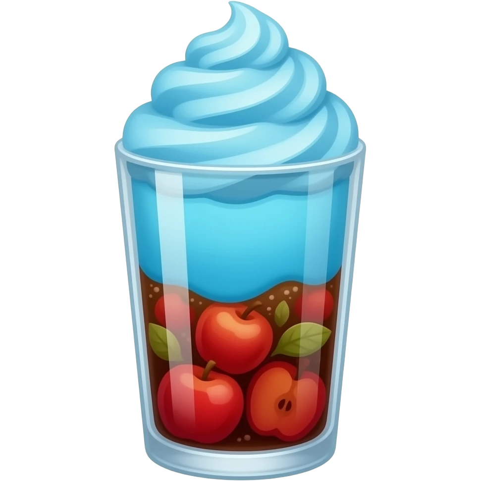 cute red apple cream soda, clear glass cup, bright red apple pieces filling the bottom, sky blue soda layer, sky blue whipped cream swirl on top, glossy 3d emoji style, no background, no text emoji
