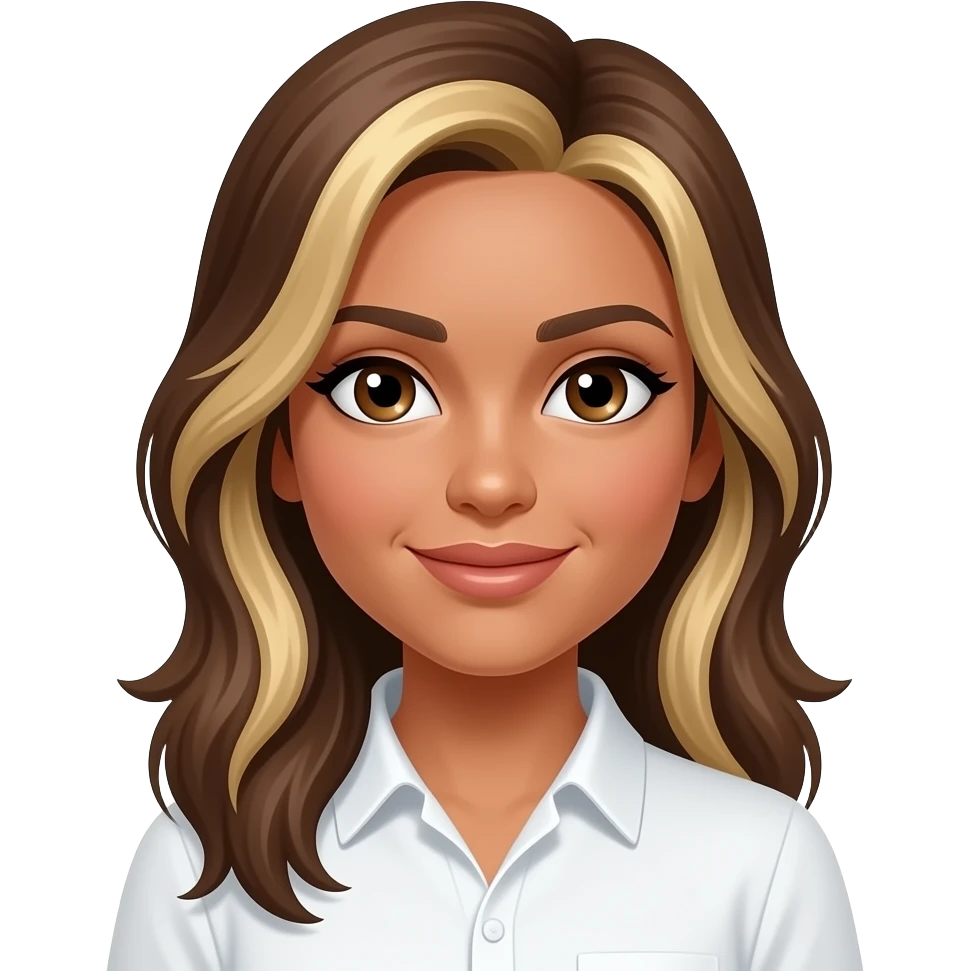 brown hair blond highlights, tan, side bang female with brown eyes with a white shirt emoji