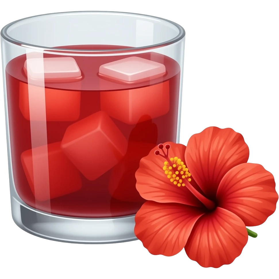 jus de bissap fleur d'hibiscus avec des carré de glaçons et une fleur d'hibiscus sur le côté emoji