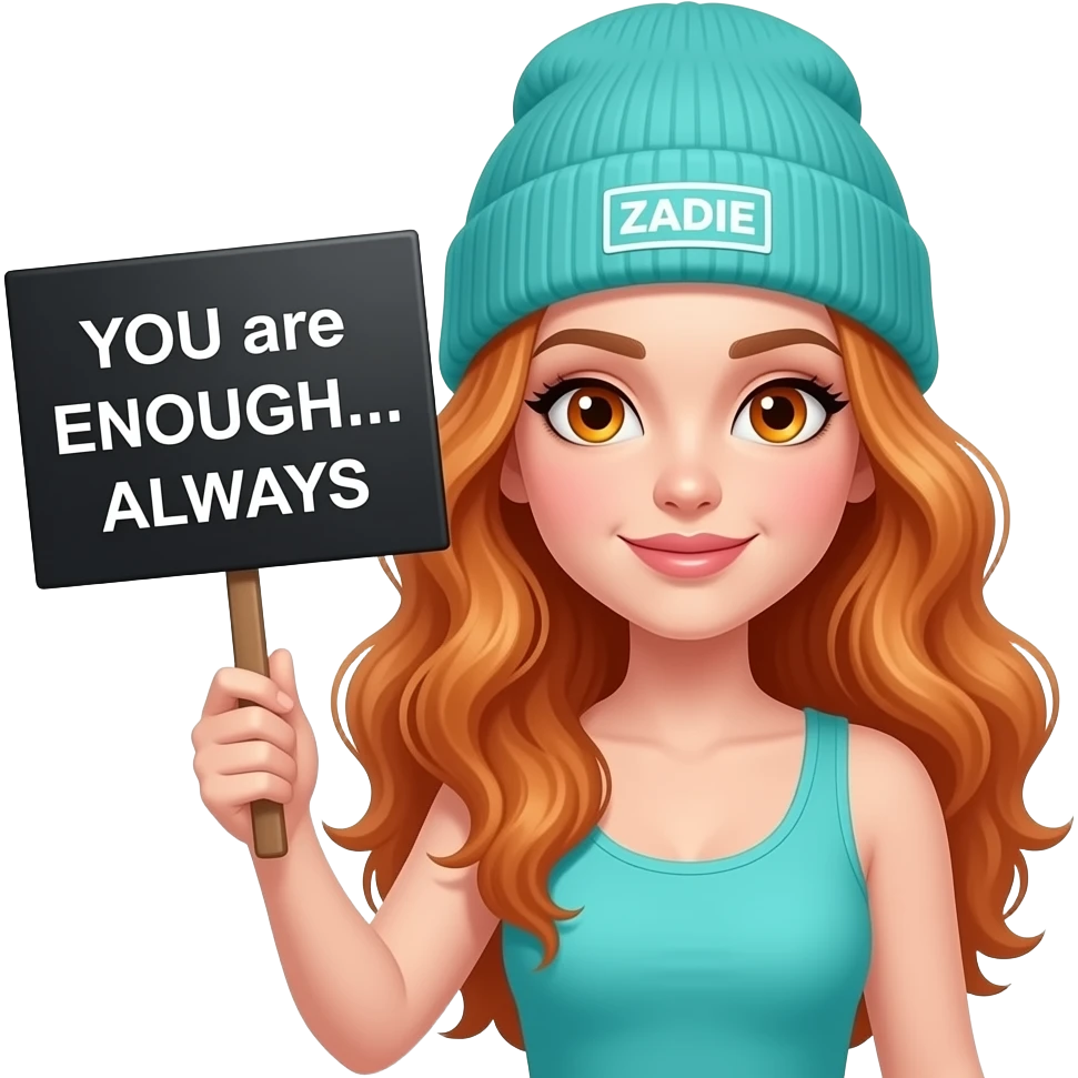 sexy girl with overlong wavy ginger hair and ginger eyes wearing a turquoise tanktop and a turquoise beanie with ZADIE written on it, is holding a black sign with YOU are ENOUGH... ALWAYS written on it emoji