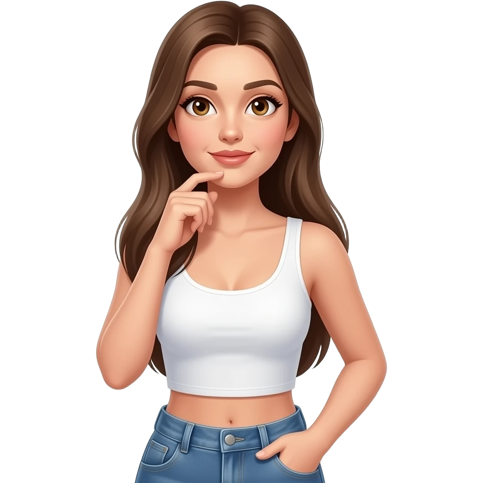 Woman thinking and looking up wearing white crop top with jean pants. Brown eyes and dark blonde straight long hair. Very sexy and seducing eye look. emoji